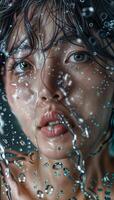 fermer de un asiatique femme derrière verre avec l'eau gouttelettes reflétant un renforcée visuel expérience photo