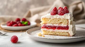 élégant opéra gâteau avec framboise Garniture et crémeux en couches dessert sur une assiette photo