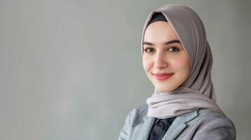 sur de soi professionnel femme comptable avec hijab souriant dans une affaires portrait photo