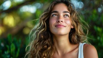 portrait de une souriant femme avec taches de rousseur entouré par Naturel verdure et bokeh effet photo