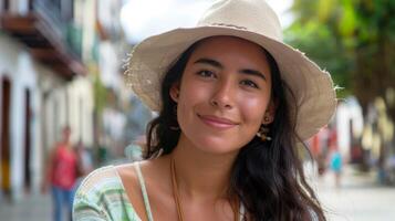 portrait de une souriant colombien femme portant une chapeau sur une ensoleillé rue photo