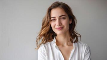 portrait de une souriant femme avec beauté, jeunesse, et décontractée style dans Naturel lumière affichage confiance et sérénité photo