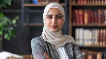 professionnel femme dans hijab comme avocat avec livres dépeint confiance et la diversité dans le Bureau photo