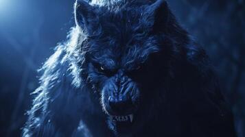 bleu loup-garou avec tranchant crocs et fourrure incarne une mythique monstre dans une foncé nuit photo