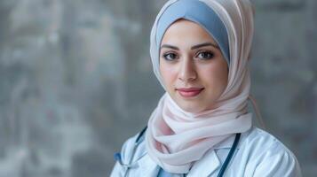 portrait de une professionnel infirmière dans hijab affichage soins de santé confiance et la compassion photo