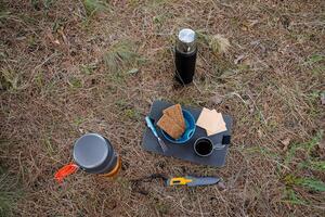 camping nourriture dans la nature mensonges sur le sol, Haut vue de touristique nourriture sur une randonnée, une thermos de thé, fromage et pain mensonge sur une conseil, une couteau sur le sol, survie dans le forêt. photo