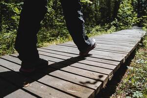 une la personne des promenades le long de le Piste de le planches dans le parc, trekking dans le forêt, randonnée dans le montagnes, éco piste, en bois route, arrière vue des chaussures sur le sien pieds. photo
