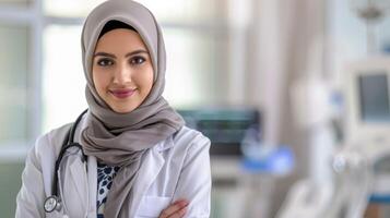 portrait de une sur de soi vétérinaire femme dans hijab avec stéthoscope à une clinique photo