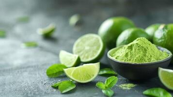 Frais citron vert coins et vert poudre dans une bol avec feuilles et menthe photo