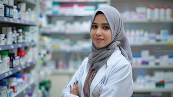 sur de soi femelle pharmacien dans hijab avec soins de santé compétence souriant dans pharmacie photo