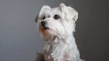 fermer portrait de une blanc duveteux maltais chien avec un élégant regard dans une serein intérieur réglage photo