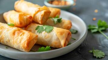 fermer de délicieux frit des nems sur une assiette avec persil garnir et asiatique cuisine faire appel photo