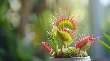 vert et rouge Vénus attrape-mouche plante avec tranchant bokeh dans la nature réglage photo