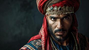 majestueux portrait de une mamluk guerrier dans traditionnel costume avec un intense regard et fleuri turban photo