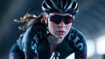 femelle cycliste dans athlétique formation équipement concentré sur course performance en plein air avec casque et des lunettes de soleil photo