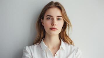 portrait de une magnifique femme avec bleu yeux et blond cheveux portant une blanc chemise dans décontractée style photo