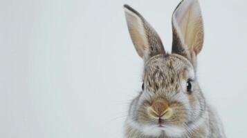 fermer de une mignonne lapin avec important oreilles et moustaches sur une blanc Contexte photo