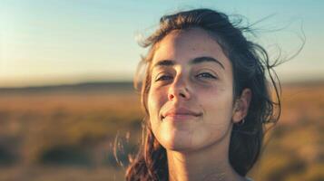 portrait de une souriant Jeune femme de Argentine capturé pendant une serein d'or heure le coucher du soleil photo