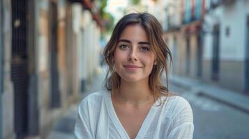 portrait de une souriant femme dans Espagne avec décontractée beauté et une sur de soi Urbain mode de vie photo