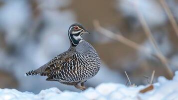 Caille dans neige avec oiseau, faune, nature, plumes, le bec, œil, camouflage, hiver, aviaire, plumage photo