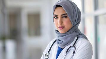 sur de soi femelle médecin dans hijab avec médical stéthoscope à soins de santé établissement photo