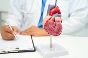 cardiovasculaire maladie CV, asiatique médecin en portant Humain anatomie modèle pour apprendre et traiter cœur maladie. photo