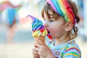 peu mignonne fille en mangeant arc en ciel Couleur la glace crème. photo