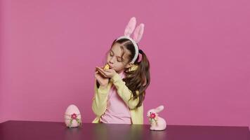 joyeux peu fille en jouant avec de fête Pâques décorations dans studio, création arrangements avec une poussin, lapin et œuf. souriant mignonne bambin avec lapin oreilles montrant coloré ornements. caméra un. photo