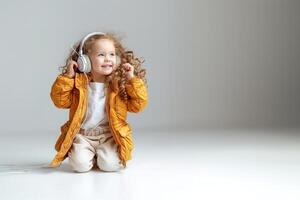 content, blond, frisé, petit fille écoute à la musique sur sans fil écouteurs et dansant dans studio blanc isolé Contexte. photo