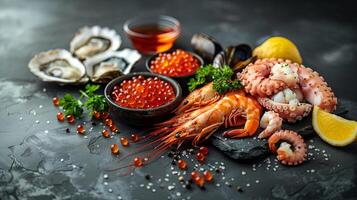 palourdes, crevette, rouge caviar, pieuvre, crustacé Fruit de mer avec Frais homards, moules, Huîtres comme le Contexte de une gourmet dîner dans le océan photo