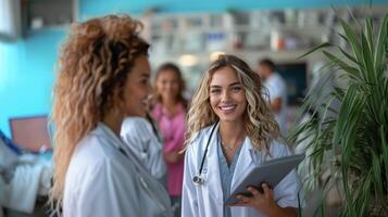 souriant femelle médecins dans hôpital avec numérique tablette, discuter soins de santé travail photo