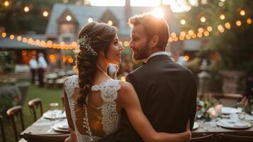 élégant la mariée et jeune marié profiter le coucher du soleil à Extérieur mariage accueil photo