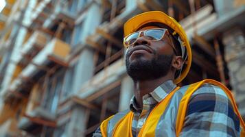 sur de soi Indien construction site directeur dans sécurité équipement surveillance projet photo