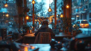 Masculin étudiant dans confortable café en train d'étudier en ligne pendant soir heures photo