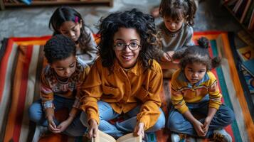 enthousiaste femelle prof en train de lire une livre à diverse groupe de attentif les enfants séance sur le sol photo