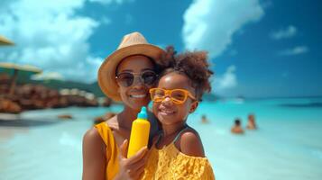 Jeune mère appliquant crème solaire sur fille à ensoleillé plage, protecteur peau se soucier photo