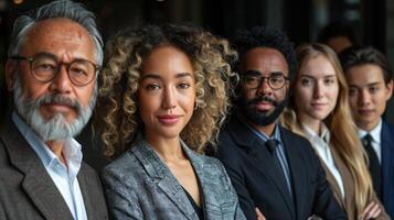 diverse affaires équipe dans formel tenue posant en toute confiance dans une moderne Bureau réglage photo