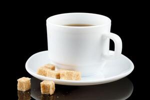 café dans une tasse avec une pièce de marron sucre. café sur une noir Contexte photo