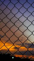 coup de le le fer net clôture contre le Contexte de un Orange ciel dans le après-midi. photo