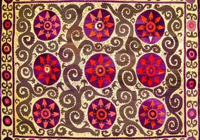 coloré ancien couverture fabriqué par main. Oriental couture de le 19e siècle. abstrait Contexte. photo