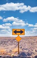 direction signe dans le désert en dessous de une bleu ciel. concept de incertain, risque, choix, décision photo