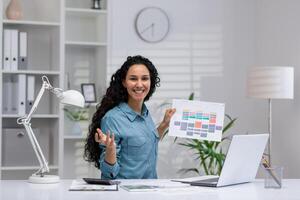 une professionnel hispanique femme d'affaires présente une graphique pendant un en ligne réunion de sa Bien organisé Accueil bureau. photo