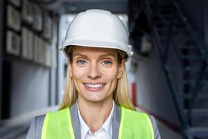 fermer photo. portrait de une Jeune souriant femelle architecte, ingénieur, ouvrier dans une sécurité casque permanent à l'extérieur une bâtiment et à la recherche à le caméra. photo