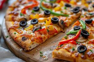 proche en haut tranche de végétarien Pizza avec coloré cloche poivrons Olives champignons mettant en valeur en bonne santé garnitures. photo