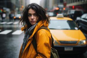 une femme dans le circulation de une gros ville avec certains Taxis. ai génératif photo