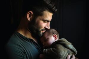 une fier père en portant le sien bébé dans le sien bras. photo