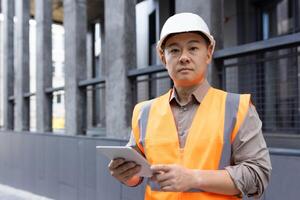 portrait de un asiatique Jeune Masculin construction ingénieur permanent près un Bureau bâtiment portant une difficile chapeau et réfléchissant gilet, en portant une portable et à la recherche sérieusement à le caméra. photo