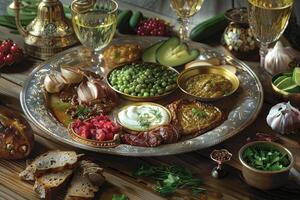 traditionnel Pâque seder assiette explorant symbolisme dans détail photo