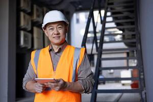 portrait de une Jeune asiatique Masculin constructeur, ingénieur et architecte permanent dans une difficile chapeau et gilet à l'extérieur une bâtiment, en portant une tablette et souriant à le caméra. photo