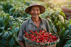 une local agriculteur avec une vaste sourire est permanent au milieu de le sien les terres agricoles avec une panier plein de Frais rouge le Chili poivrons dans le sien main photo